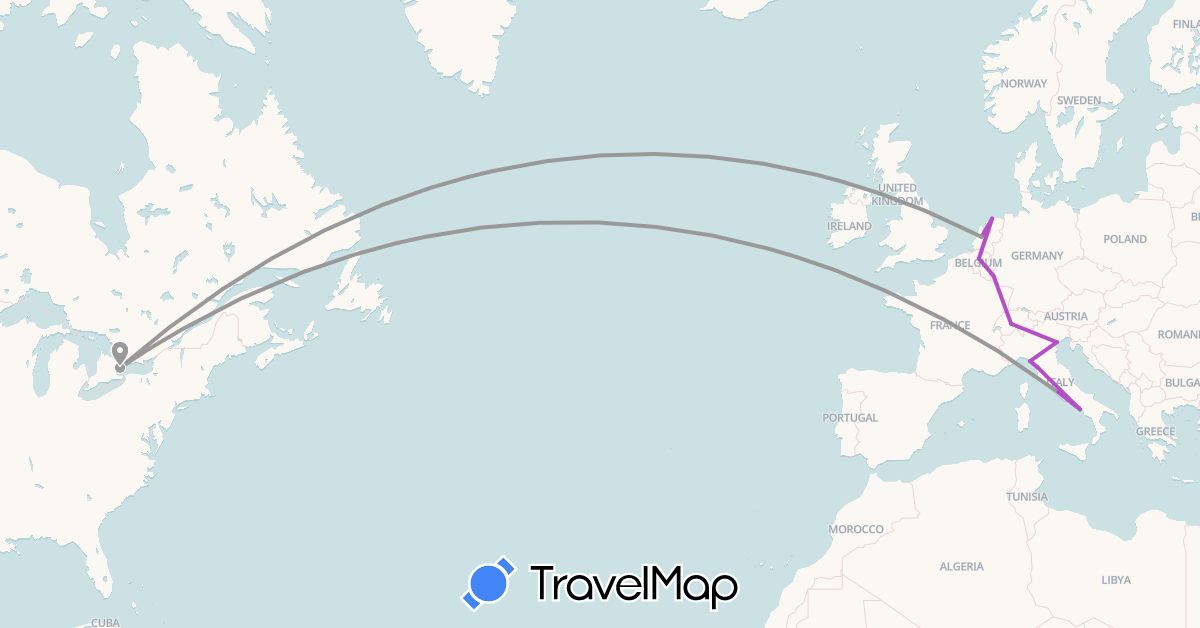 TravelMap itinerary: driving, plane, train in Belgium, Canada, Switzerland, Italy, Luxembourg, Netherlands (Europe, North America)